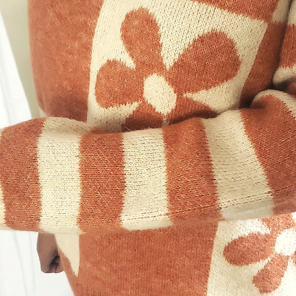 Entro Crew Neck Sweater Checkerboard Stripe Orange Cream Retro Hippie Boho